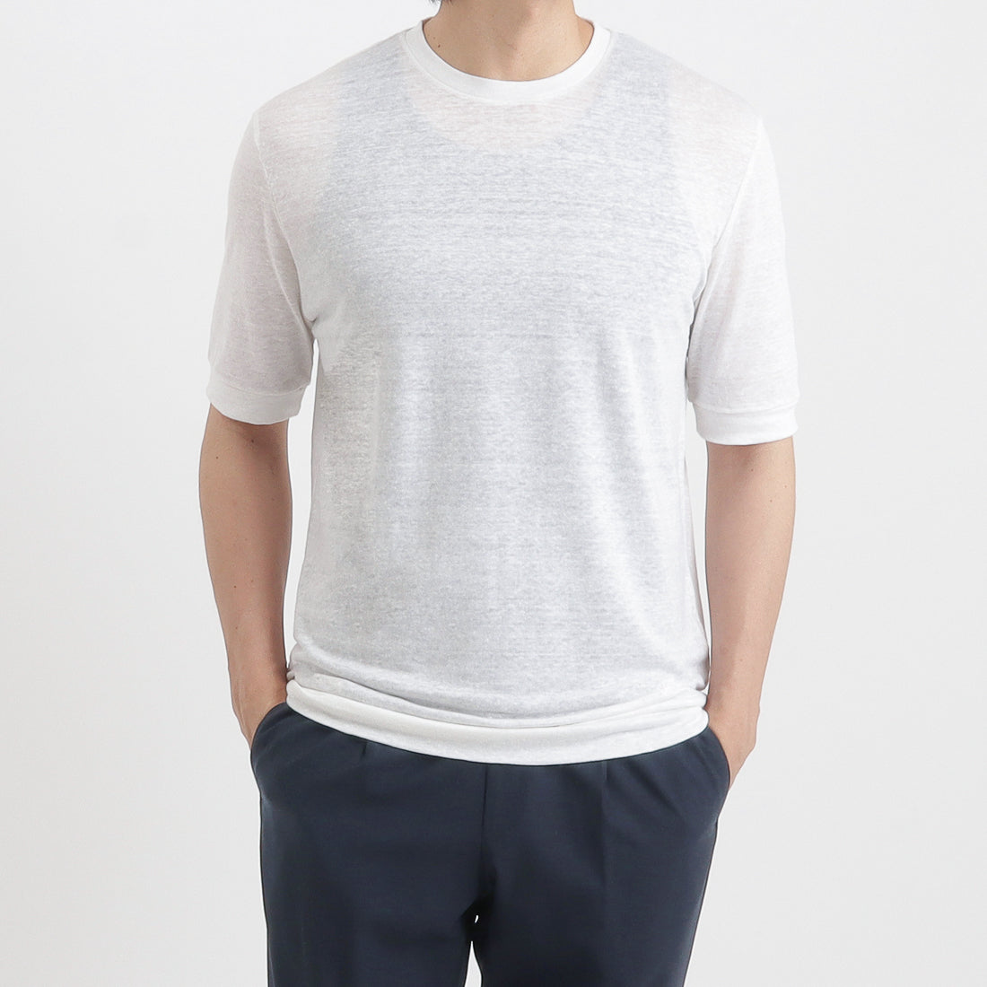 Linen Jersey Tailored Ribbed Hem T-shirt Color: Off White