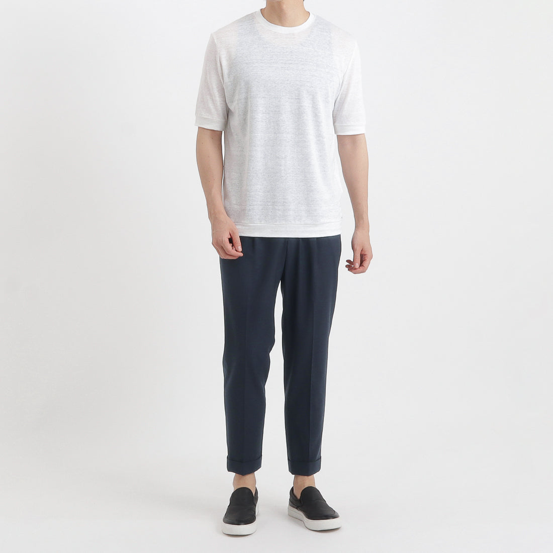 Linen Jersey Tailored Ribbed Hem T-shirt Color: Off White