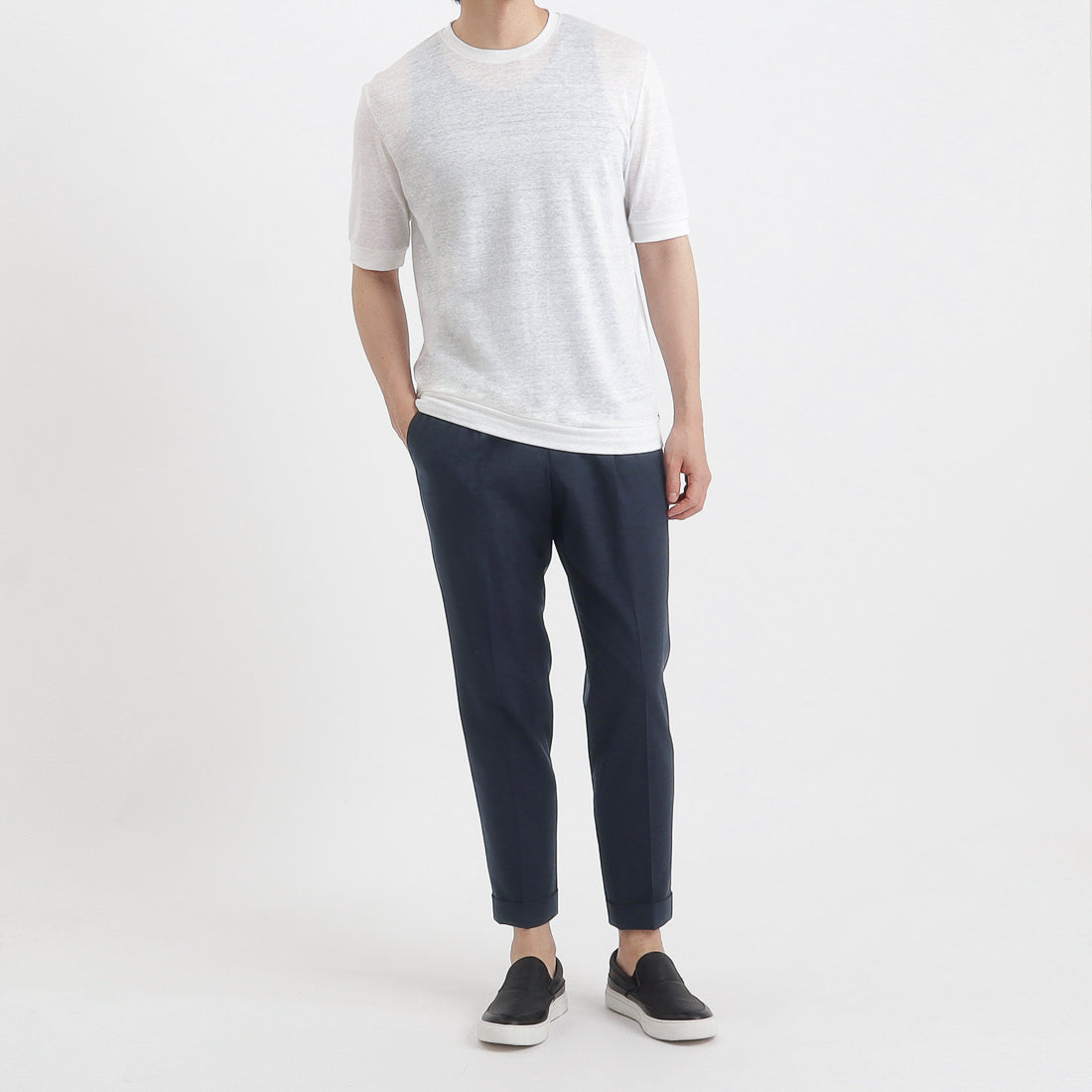 Linen Jersey Tailored Ribbed Hem T-shirt Color: Off White