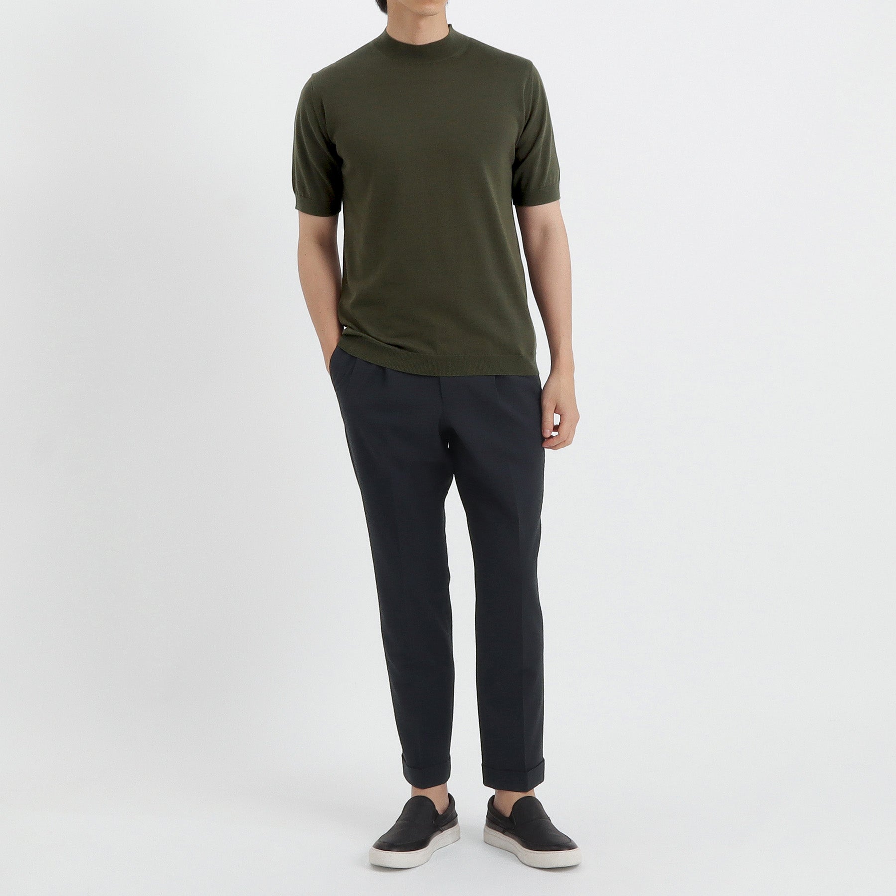 Mock Neck Knit T-shirt Color: Olive