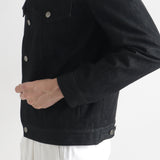 リアクティブデニム＆ソロテックス3rdtypeジャケットブラックの袖を写したメンズ着用画像