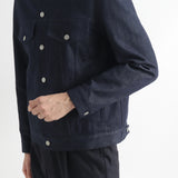 リアクティブデニム＆ソロテックス3rdtypeジャケットインディゴの袖を写したメンズ着用画像