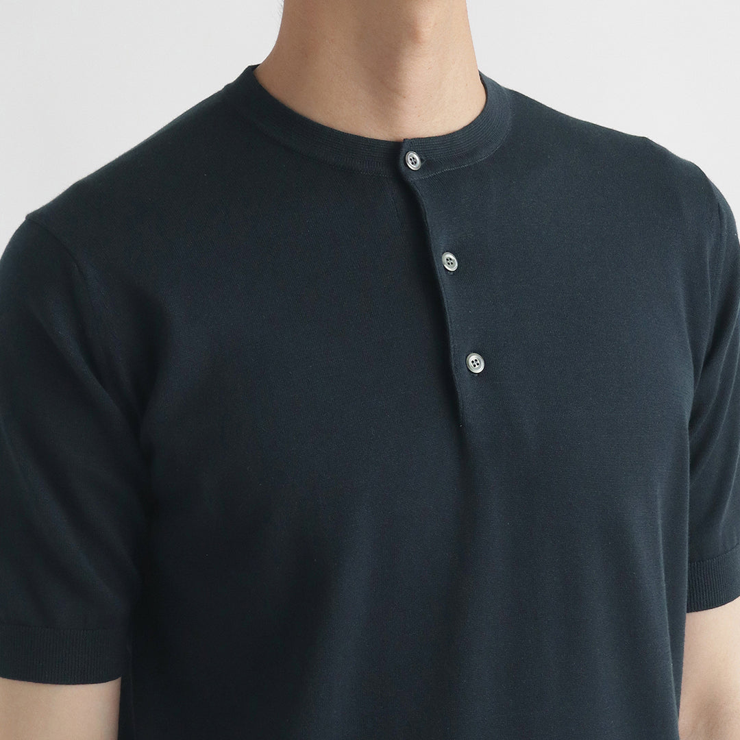 JOHN SMEDLEY コットンヘンリーネックニットTシャツ ネイビー S JOHN