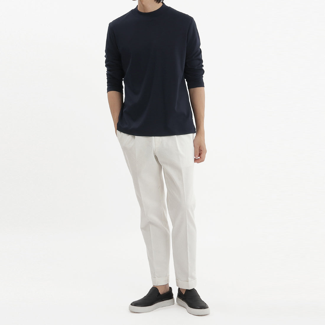 Tailored Mock Neck Long Sleeve T-shirt Color: Navy