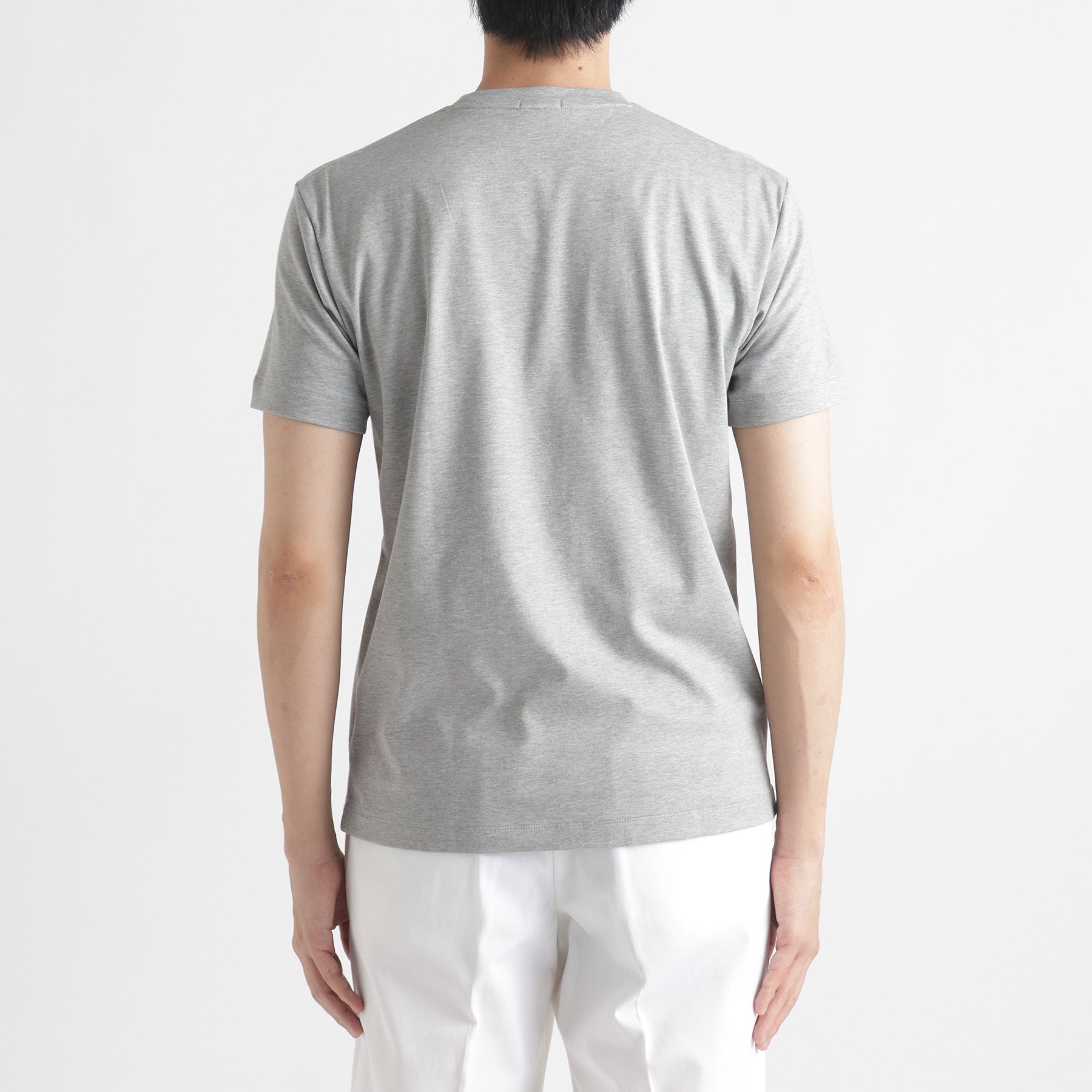 スビンプラチナムスムーステーラードTシャツグレーの背面を写したメンズ着用画像