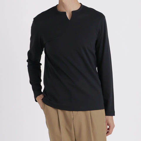 【Renewal】Tailored Key Neck Long Sleeve T-shirt Color: Navy