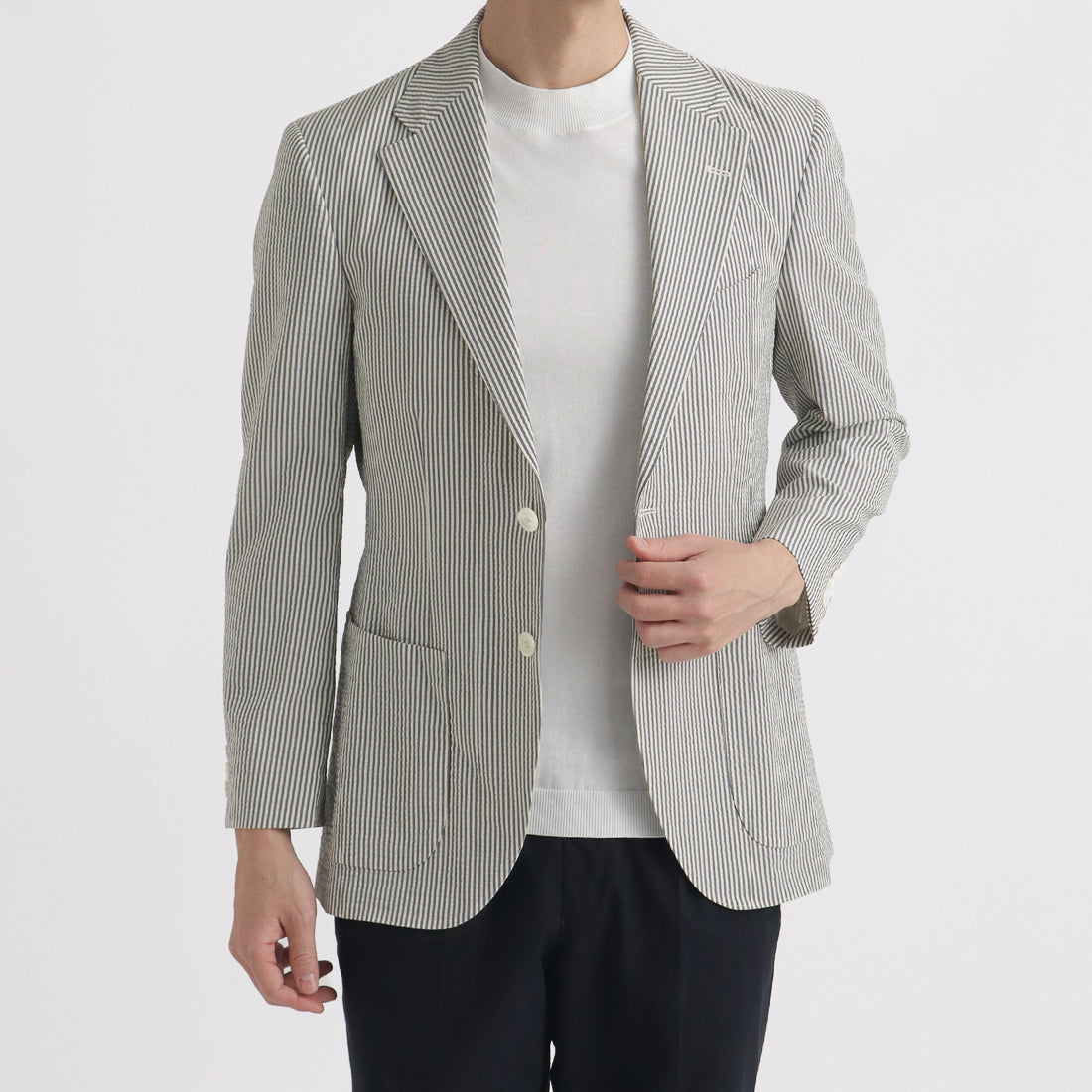 Seersucker Tailored Jacket Color: Navy Stripe