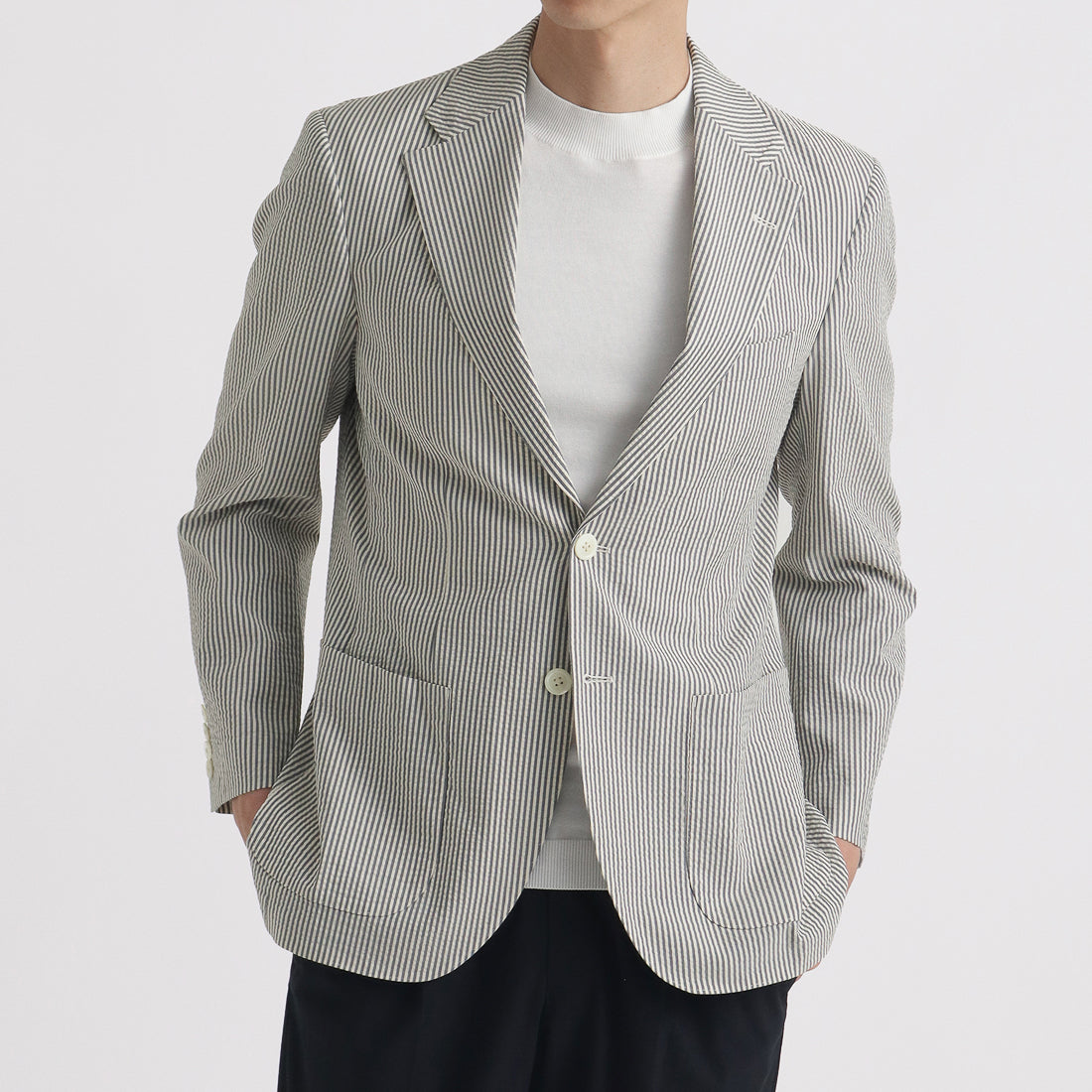 Seersucker Tailored Jacket Color: Navy Stripe