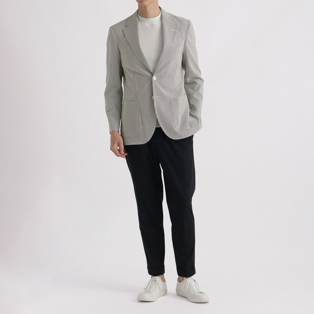 Seersucker Tailored Jacket Color: Navy Stripe