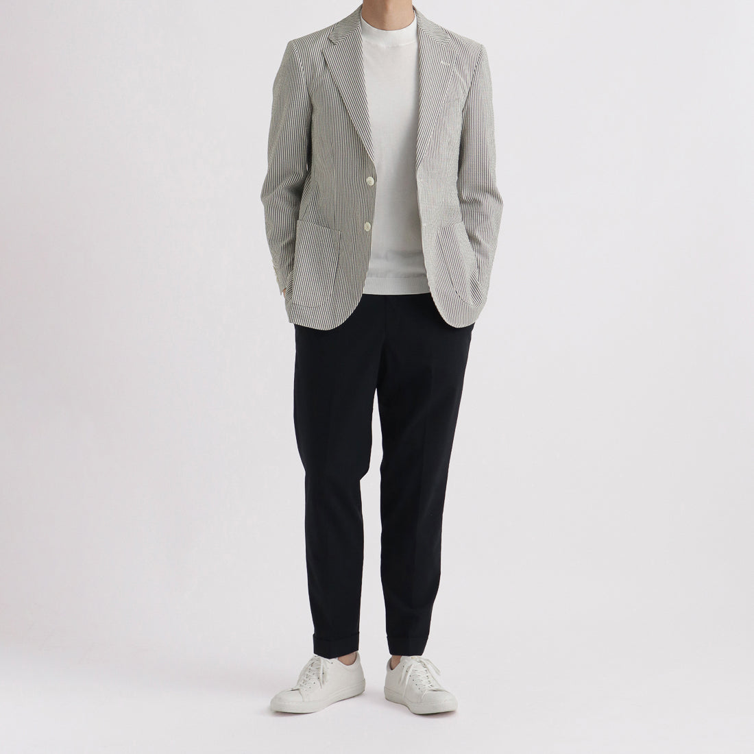 Seersucker Tailored Jacket Color: Navy Stripe