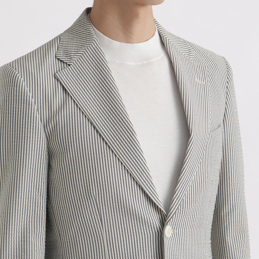 Seersucker Tailored Jacket Color: Navy Stripe