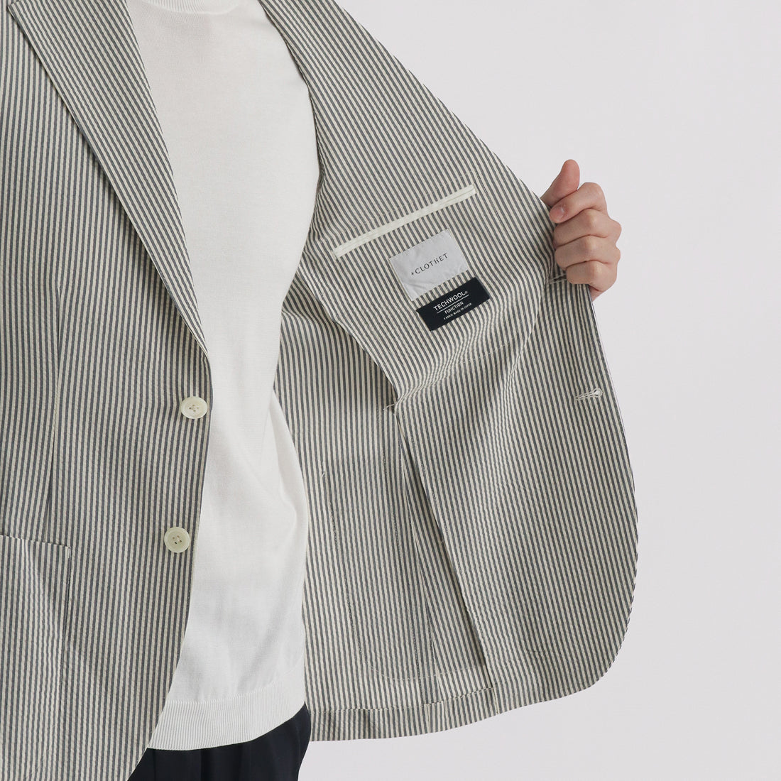 Seersucker Tailored Jacket Color: Navy Stripe