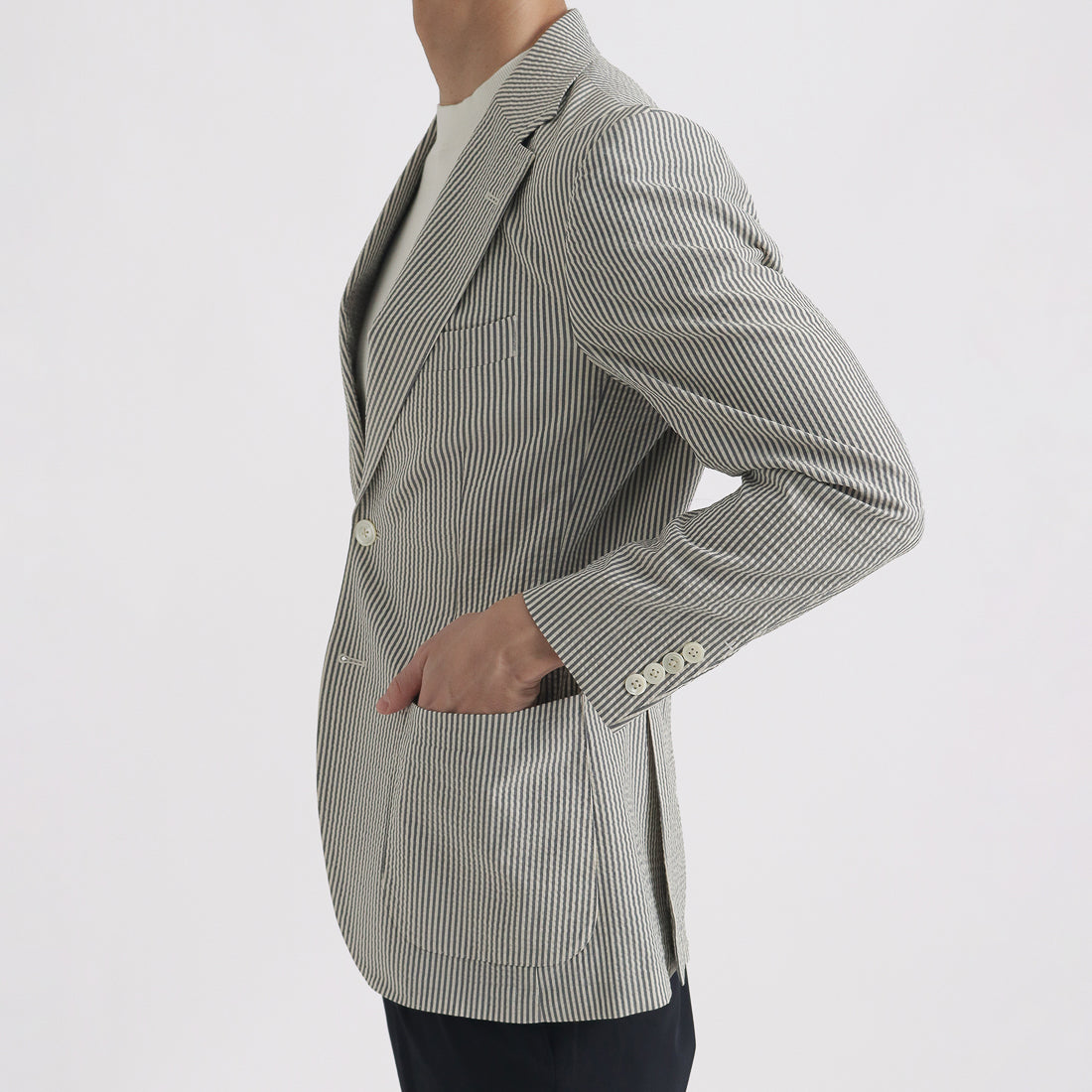 Seersucker Tailored Jacket Color: Navy Stripe