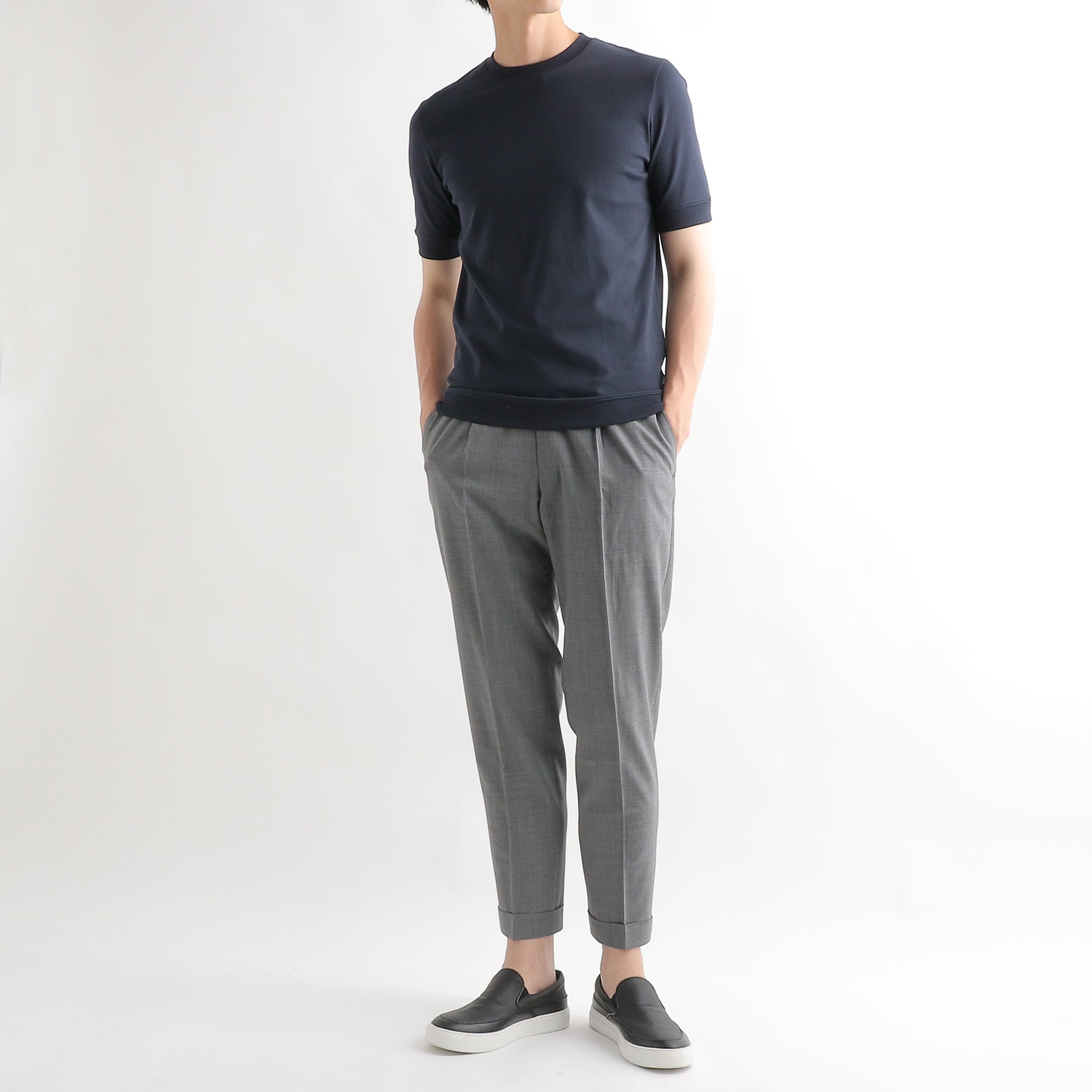 Tailored Ribbed Hem T-shirt Color: Navy