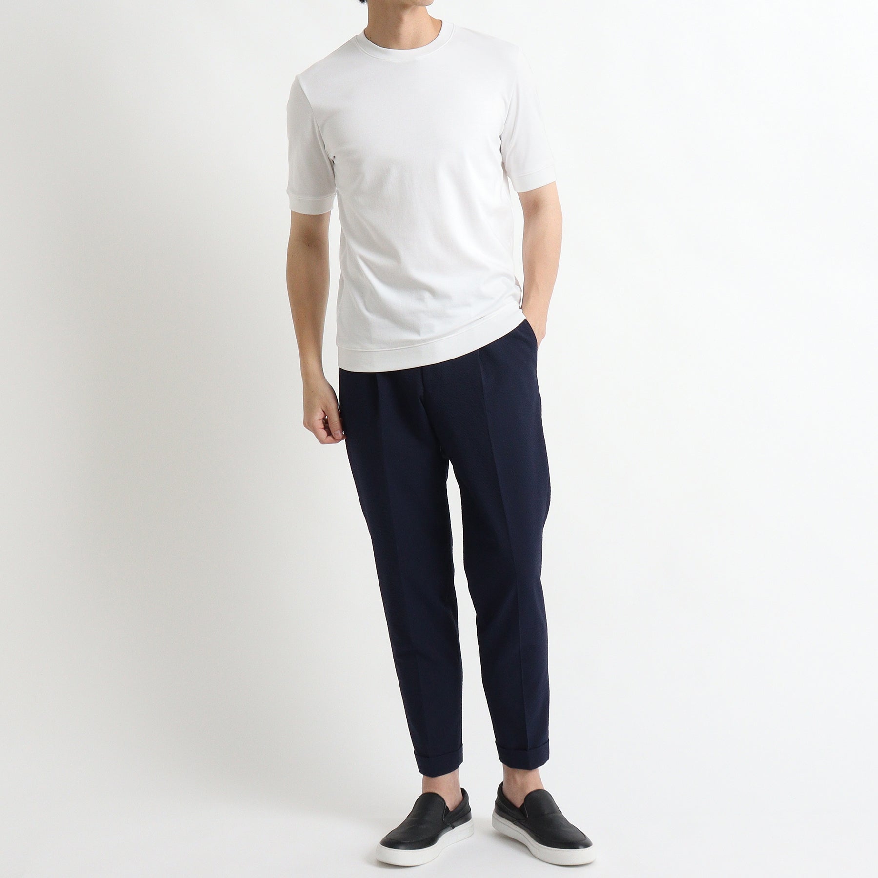 スビンプラチナムスムース テーラードリブドヘムTシャツ ホワイト