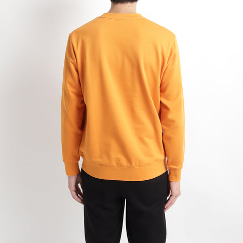 スヴィンプラチナム裏毛スウェットシャツアンバーオレンジの背面を写したメンズ着用画像