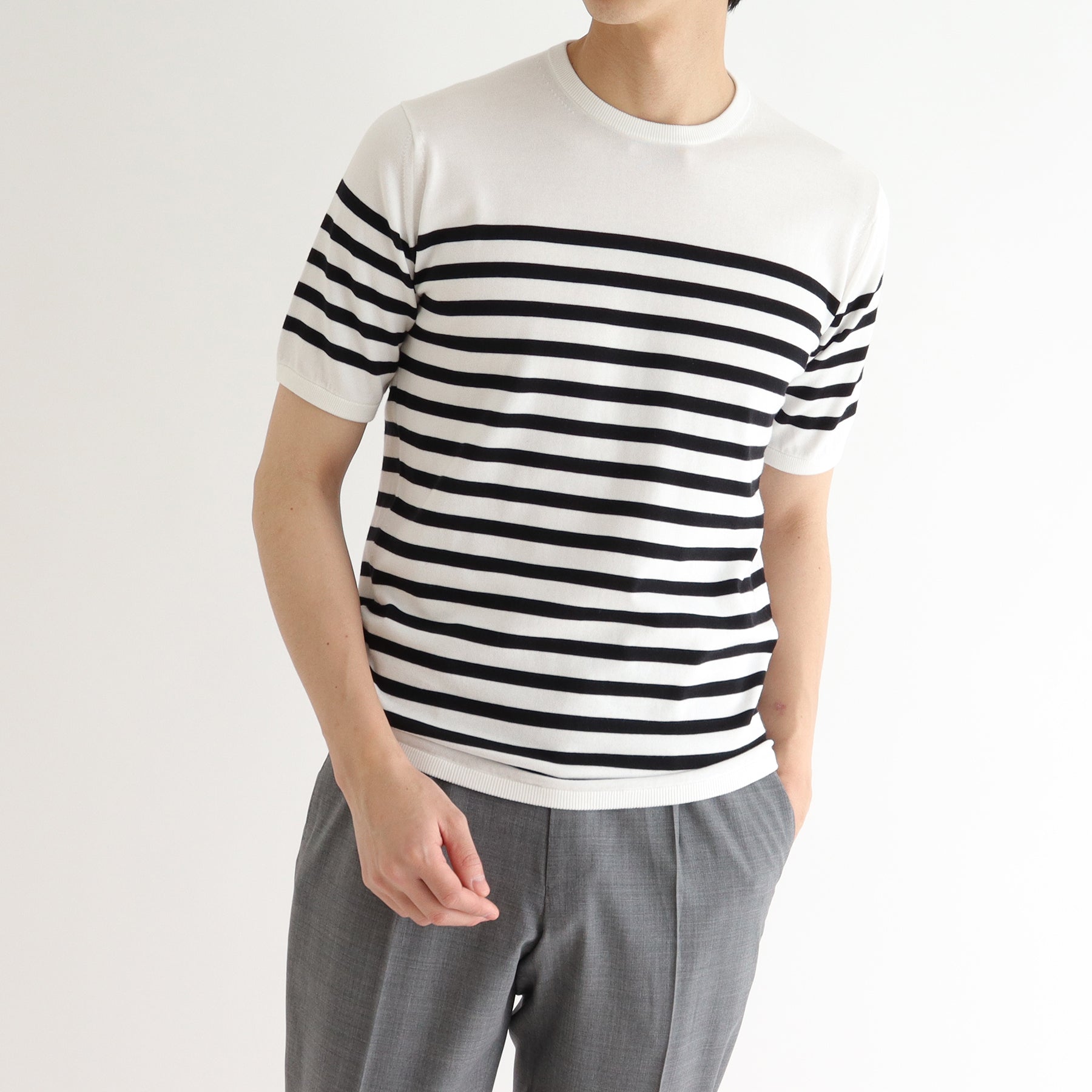 スビンプラチナム ボーダーニットTシャツ ホワイト×ブラック