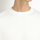 スビンプラチナム裏毛スウェットシャツオフホワイトの首まわりを写したメンズ着用画像